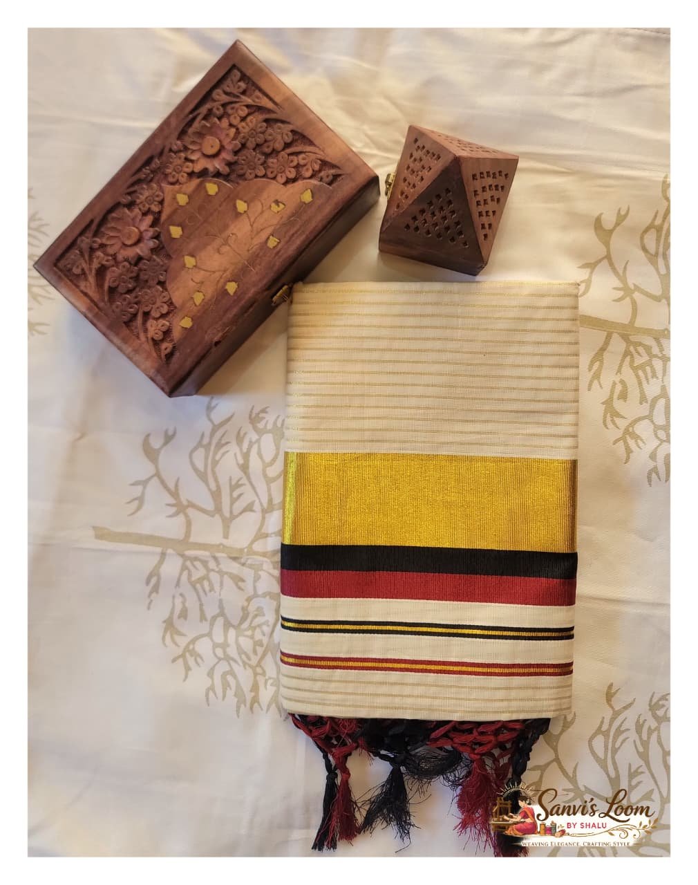 Kerala Saree (Tissue) - Black and Red with Big Border